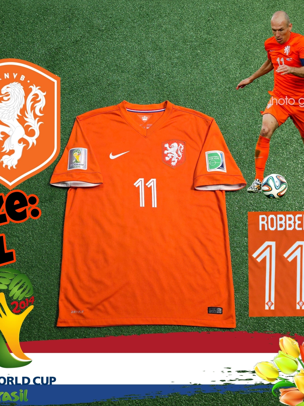 Nike Netherlands Arjen Robben #11 2014 World Cup Home Jersey Large Holland